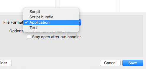 Apple Save dialog selecting "Save as application" option