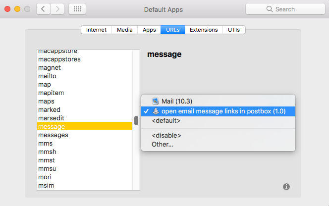 RCDefault App Preference pane selecting our script as handler for message:// urls